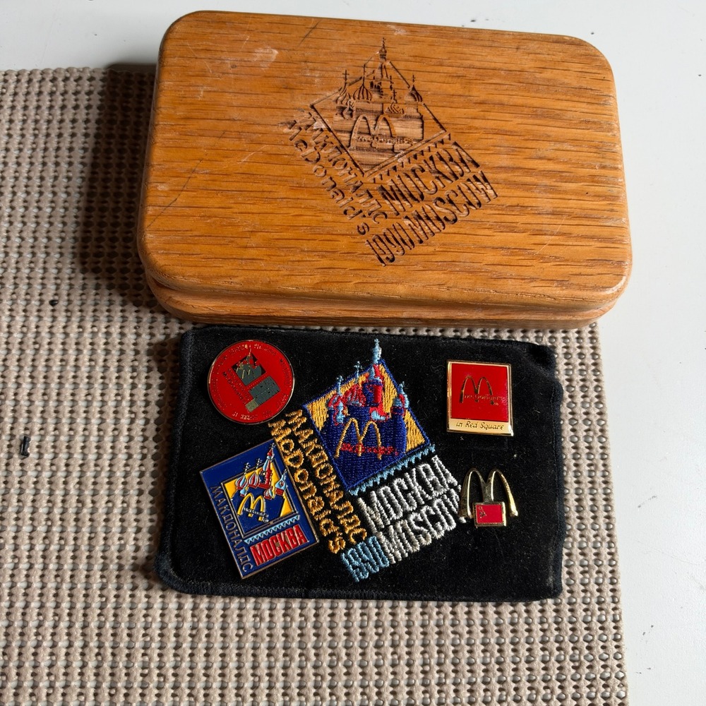Vintage 1990 McDonalds Moscow Russia Opening Pin Patch Set with Wooden Box